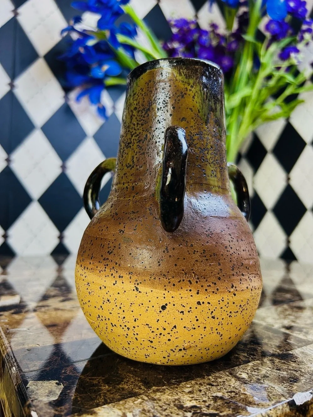 Triple Handle Studio Pottery Vase Signed Speckled Earth‎ Tone Rustic Green Beige